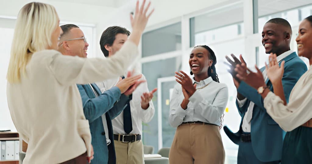 Team of software professionals collaborating in a modern office